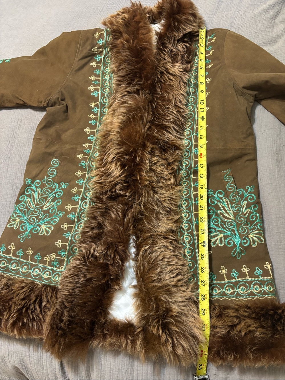 Penny lane Bohemian Embroidered Faux-Fur Trim Brown Coat - Picture 8 of 8